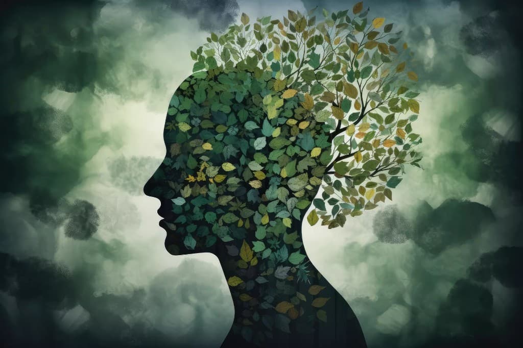 Artistic illustration of a human profile filled with leaves, representing mental growth and the journey toward healing with TMS